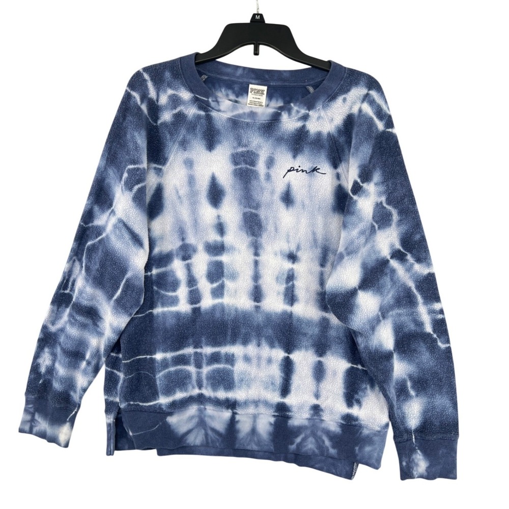 PINK Victoria's Secret Sweatshirt Womens M Blue Tie Dye Fleece‎ Raglan Relaxed